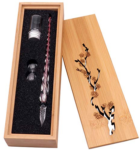 Glas Dip-Stift Jahrgang Handgemachte Glas Unterschrift Stift Elegante Kristall Dip Zeichen Geschenk Stift Mit Geschnitzten Holzkiste(Rot)