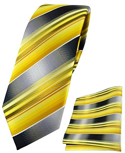 TigerTie - schmale Designer Krawatte Designer Einstecktuch in gelb gold silber anthrazit grau gestreift - Krawattenbreite 6 cm