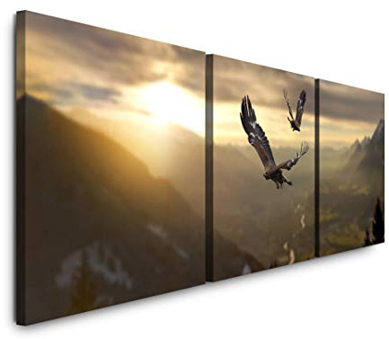 EAUZONE GmbH Adler in Einer Gebirgslandschaft 220 x 70cm - 3 Bilder je 70x70cm Bild XXL Panorama Deko Wandbilder auf Leinwand
