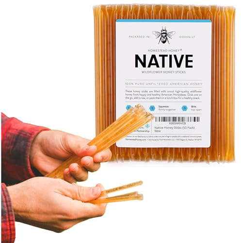 Homestead Honey 50-Pack Honey Sticks - Sweet Pure Wildflower Honey Packets for Tea and Snacks - Single Serve Natural Sweetener Straws - Easy Open for Travel, Lunchboxes, and On-the-Go Use