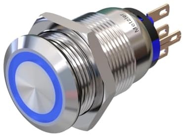 Metzler - Druckschalter 19mm - LED Ringbeleuchtung 230 V Blau - IP67 IK10 - Edelstahl - Flach - Lötkontakte