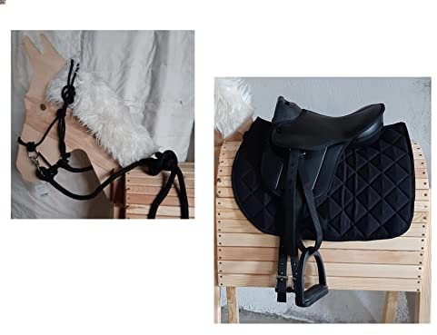 HKM Shettysattel Set inkl. Halfter & Zügel - idealer Holzpferd Sattel (schwarz)