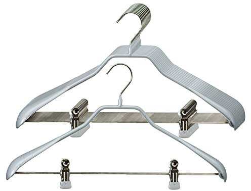 MAWA Universalbügel, 10 Stück, Bügel mit Klammernsteg für Hosen, Röcke und Tops, drehbarer Euro-Haken, Antirutsch-Beschichtung, 42 cm, Silber