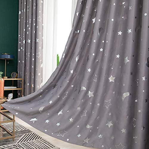 Nyescasa Lsolierung Vorhänge mit Sternen und Mond Grau Moderne Einfachheit Stil Verdunkelungs Vorhänge 2 Panel B 100 x H 200 cm Vorhänge für Kinder Mädchen Schlafzimmer Wohnzimmer