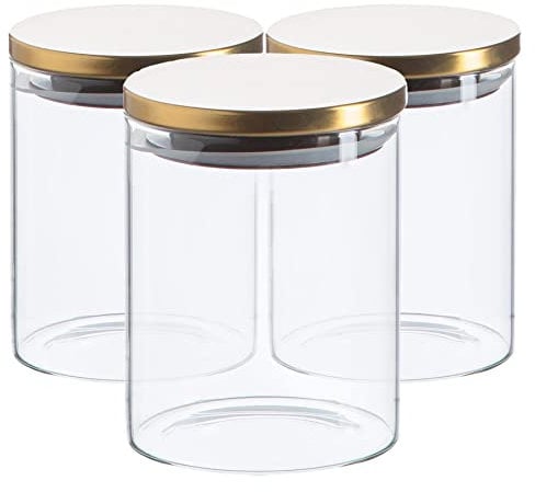 Argon Tableware Scandi Storage Jars with Metallic Gold Lids - 750ml - 3 Pack - Modern Round Organisation Container Glass Jar for Kitchens, Pantry, Bathrooms, Utility Rooms