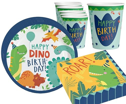 Geschirr Dino Geschirrset Dinosaurier Party Kindergeburtstag Dino Teller Becher Servietten Tischdecke Dino Geburtstag Geschirr 32 Teile, für 8 Kinder