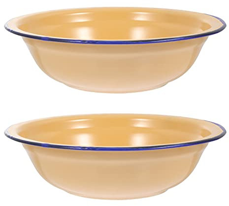 HEMOTON Emaille-Schüsseln, Vintage-Emaille-Waschbecken, verdickte Emaille, Rührschüssel, Suppenteller, runde Salat-Servierschüssel, Suppenschüssel, Emaille-Geschirr für Küche, 20 cm, Gelb, 2 Stück