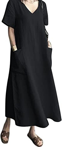 AUDATE Women's V-Neck Cotton Linen Dress Short Sleeve Loose Summer Beach Kaftan Dress Black M