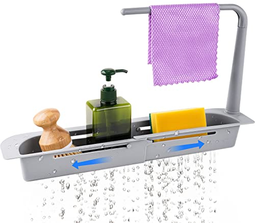 NiHome Telescopic Kitchen Sink Organizer with Towel Hanger, Keep Sink Tidy Expandable Slim Drain Basket Multifunctional Caddy Adjustable Length Colander Rack Sponge Holder Storage (Grey)