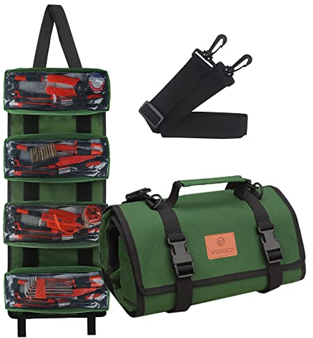 Wessleco Werkzeugtasche zum Aufrollen, grüner Schraubenschlüssel, Roll-Organizer, Segeltuch, Werkzeugtasche
