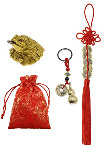 VGOL Lot de 3pcs Feng Shui Grenouille Noeuds Chinois Porte-bonheur Feng Shui Wu Lou en Laiton avec pièces Porte-clés pour Longévité Voyage en Toute Sécurité Richesse Succès et Bonne Chance