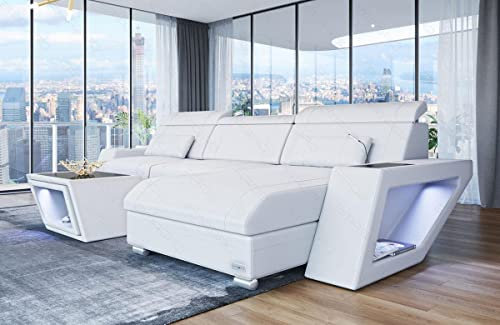 Ledersofa Catania in der L-Form als Ecksofa mit Beleuchtung Sofa mit USB-Anschluss Kopfstützen Moderne Couch LED Licht (Ottomane rechts, White)