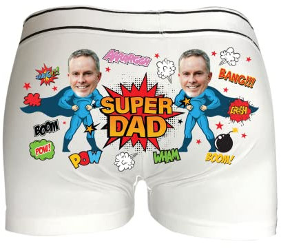 Personalised Superdad Photo Boxers - Superhero Dad Father's Day Men's Personal Novelty Funny Picture Cartoon Comic Underwear Pants Shorts Gift Present (Medium, White Prime)