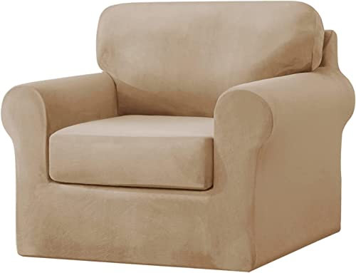 LINFKY Sofabezug Sets, Stretch Sofabezug Samt Sesselbezug Couchbezug mit Separaten Rückenlehnenbezug und Sitzkissenbezug mit Gummiband, Antirutsch Sofahusse Möbelschutz (Sand,1 Sitzer (75-110 cm))