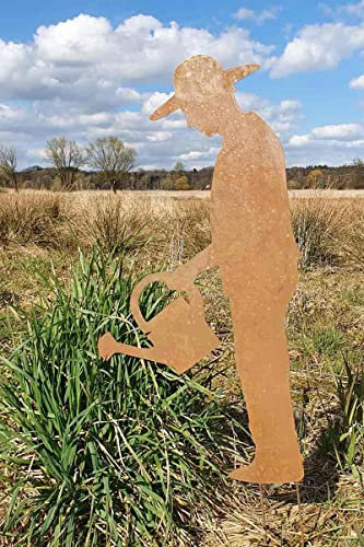 KUHEIGA Gartenstecker Edelrost mit Gießkanne Rost Höhe: 75cm Gartenfigur Gartendeko
