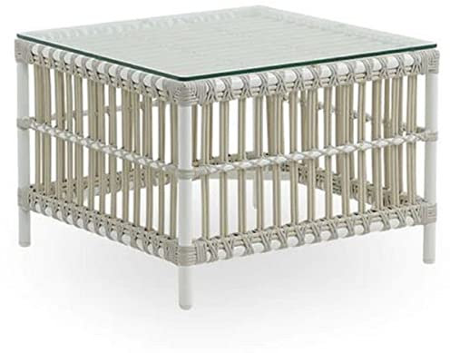 Casa Padrino Luxus Gartentisch Weiß/Grau 60 x 60 x H. 43 cm - Wetterbeständiger Garten & Terrassen Beistelltisch mit Glasplatte - Moderne Garten & Terrassen Möbel - Luxus Kollektion