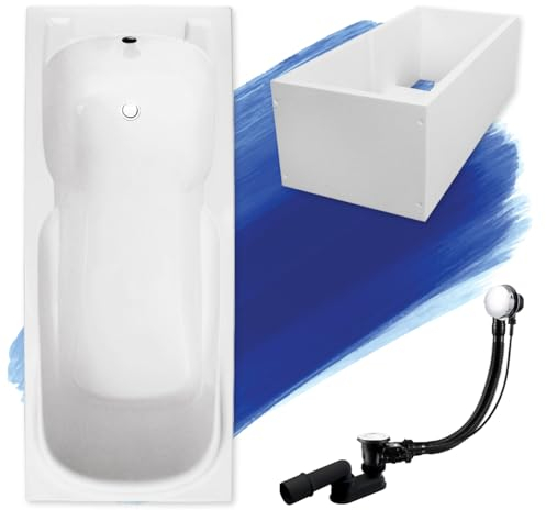 BADLAND Badewanne Original Weiß Acryl Wanne Rechteck MAJKA 160x70 KOMPLETTSET SET mit Premium Wannenträger + Füßen und Exklusive Chrom Automatik Ablaufgarnitur Made in EU 4in1