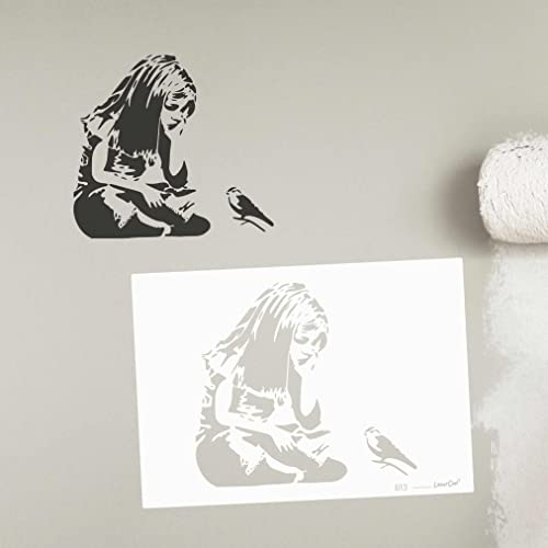 LaserCad Schablonen BANKSY Streetart (B013, Girl and Bird, DIN A4) Stencil für Graffiti, Airbrush, Kunst, Deko, zum Malen