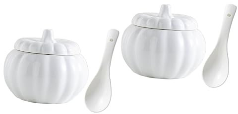 YARNOW 2ensembles Bol Céramique Forme De Citrouille Avec Couvercle Et Cuillère Pour Soupe Pudding Et Desserts Tureen Décoratif Pour Repas Automne