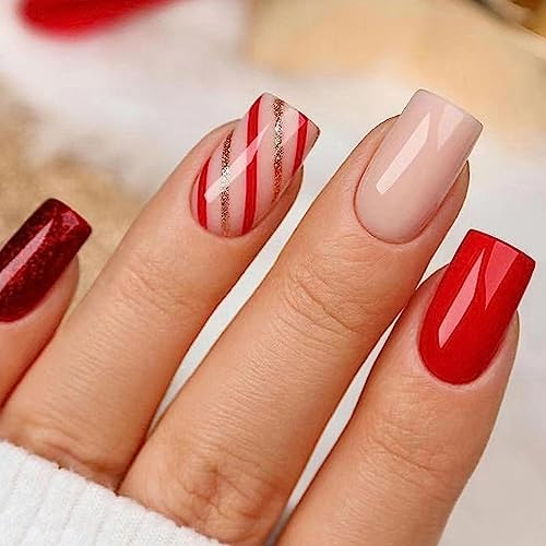 24 Pièces Faux Ongles Français Court Carré Bandes Rouges Ongles à Coller Couverture Complète Capsules Ongles Acrylique Press on Nails Autocollants Cadeau Femme Fille