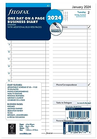 Filofax Kalender-Tagebuch-Nachfüllung, A5, ein Tag auf einer Seite mit Terminen, Geschäftstagebuch, weißes Papier, Englisch, 2024 (C68519-24)