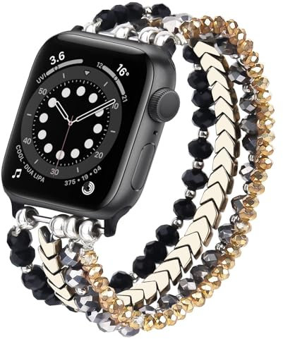 VISOOM Armband Kompatibel mit Apple Watch Armband 42mm/44mm/45mm Glitzer Schmuck Perlen Elastisch Ersatzarmband iWatch Armband für Series 8/7/SE/6/5/4/3/2/1 Damen,45/44/42mm Schwarz/Gold