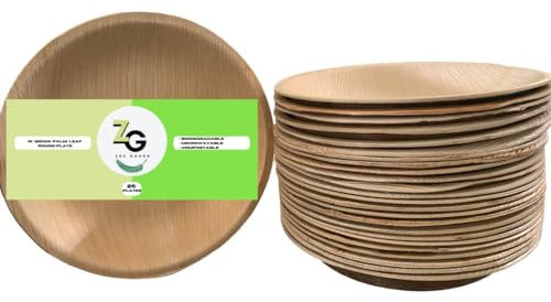 Zoe Goods 25 Disposable Palm Leaf Plates 10 (25cm) Round, Eco Friendly, Biodegradable, Compostable Plates for Hot Foods, Weddings, Picnic & Parties