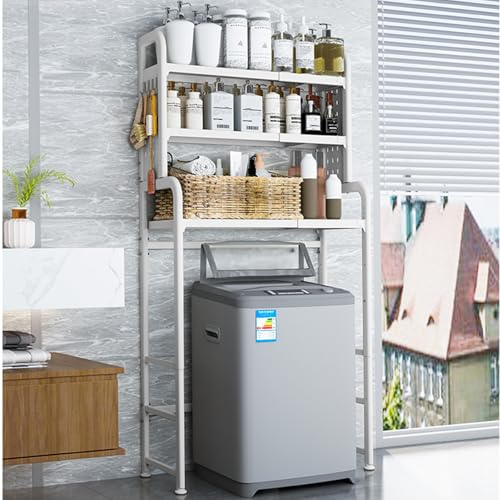 Adjustable Laundry Organizer Shelf over the Washer and Dryer Storage Shelf | 3 Tier Expandable Over Washer Storage, Over Toilet Washing Machine Bathroom Organization Shelves with Pegboard and Hook