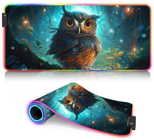 Tapis de Souris de Jeu RGB épais et étendu avec Base en Caoutchouc antidérapant avec 7 Modes d'éclairage, Tapis de Souris Lumineux LED pour Ordinateur Gamer Hibou 30 x 80 cm