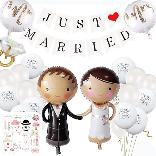 DALAETUS 69 Stück Hochzeit Deko Set mit 1 Banner, 1 Schleife, 34 Ballons, 1 Ring und 32 Foto-Requisiten - Hochzeit Party Deko Kit für Zimmer, Tisch, Married, Valentinstag - Bunt, Cartoon