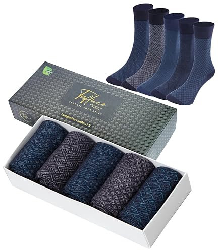 Tafluxe Bamboo Socks for Men, Soft, Seamless, Oderless, Extra Durable, Antibacterial, Breathable, All Seasons, 5 Pairs Socks with a Gift Box (Blue-Gray-Black Tones)