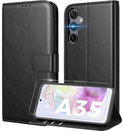 Peakally Coque pour Samsung Galaxy A35 5G [ Verre Trempé Protection *1 ] [ Blocage du Signal RFID ] [ Premium PU ] [ Pochette de Portefeuille ] Etui à Rabat pour Samsung A35 5G,Noir