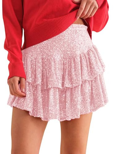 Mini jupe à paillettes pour femme - Taille haute - Jupe de carnaval - Jupon à sequins - Tenue rave - Costume de carnaval des années 50 - Rockabilly - Costume de danse, Rose-a., XS