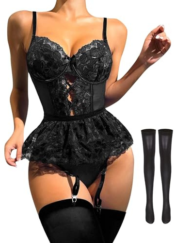 ROSVAJFY Women's Garter Teddy Lingerie Set with Stockings, Sexy Lace Bodysuit Suspender Underwear Backless Sheer Mesh Corset Nightwear Strappy Babydoll Deep V Leotard