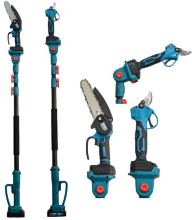 Forbici potatura elettriche Telescopiche con 2 Batterie Ricaricabili 26V, lama 30mm, incluso Motosega con lama 6, Kit cesoie e Motosega con asta telescopica professionali per giardinaggio