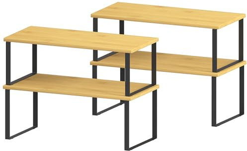 CADUKE Gewürzregal, 4er-Set Küchen Organizer, erweiterbares & stapelbares Schrankregal, natürlicher Gewürz Organizer für Theke, Schrank, Bambus und Metall