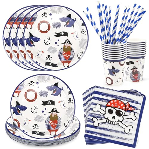 Juego de 64 platos de papel piratas, platos de papel para niños, decoración de cumpleaños infantil, incluye platos, servilletas, tazas, pajitas (para 16 invitados) (estilo pirata)