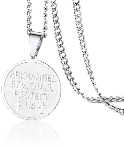 Erzengel St. Michael/St. Cyprian Halskette St. Michael Anhänger Erzengel Medaillon Halskette Patron Schutz Amulett Medaille Schmuck Geschenke für Männer Frauen (Silberne St. Michael Halskette)