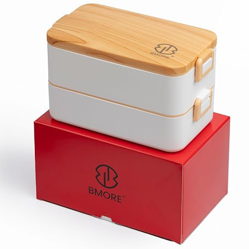 BMORE® Lonchera Bento de 1000 ml con cubiertos y palillos de acero inoxidable, lonchera con compartimentos, contenedor de alimentos apilable de 2 capas para adultos y niños, apto para microondas y