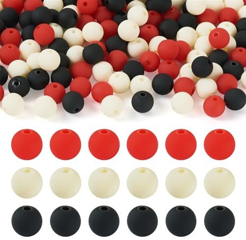Bestewelry Lot de 191 perles rondes en acrylique de 8 mm, 3 couleurs, style caoutchouté imitation silicone, perles d'espacement en plastique rouge, blanc, noir pour la fabrication de bijoux