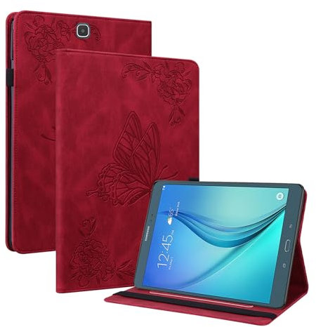 LMFULM® Étui pour Samsung Galaxy Tab A SM-T550 / T555 (9,7 Pouces) PU Cuir Poche Cas Flip Coque Protection avec Stand Housse Case Gaufrage Papillon Rouge