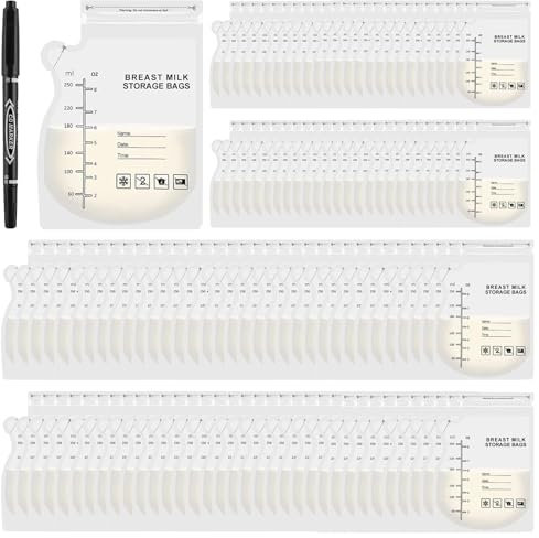 KASURE 110 PCS Breast Milk Storage Bag, 250 ml Disposable Breastmilk Cooler Bag with Scale Zipper, BPA-Free Breast Pump Storage Bag with Pouring Spout, Breast Feeding Storing Bag with a Black Marker