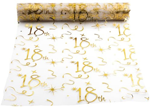 Tischläufer 18 Geburtstage 28cm × 10m Tischdecke Gold Tischläufer Rolle Glänzend Goldfolie Tischdeko Tischband aus Dekostoff Netz Happy Birthday Tischläufer für Party Geschenke DIY Basteln