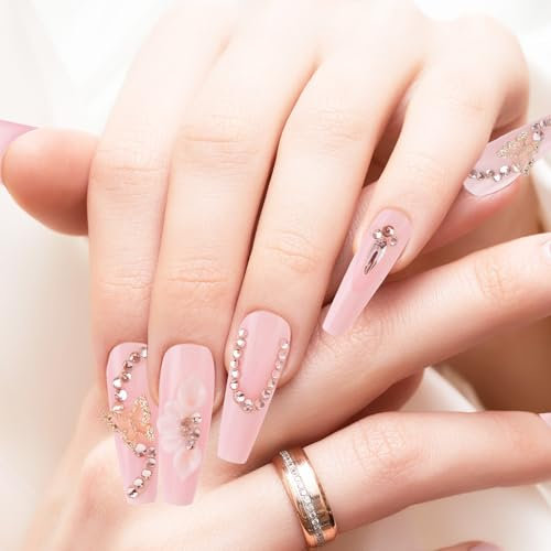 Butterflies Press on Coffin Nails, Acrylic French Shiny Fake Nails, Rhinestone Long Nails, Hand Worn Press on Nails, 3D Flower Press on Nails for Women, 24PCS