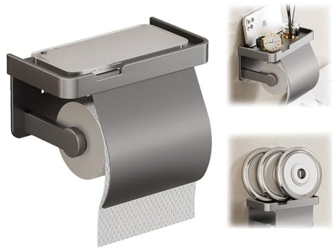 Stonivislyt Toilettenpapierhalter mit Ablage,klopapierhalter,toilettenpapierhalter,Klopapierhalter Ohne Bohren, Klorollenhalter Aluminiumlegierung, Wc Papier Halterung Rollenhalter Grau für Badzimmer
