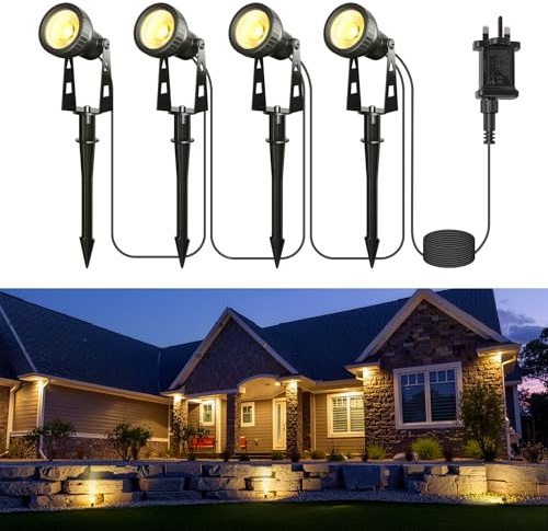 Zuske Garden Spot Lights Mains Powered, 4-in-1 LED Outdoor Spotlights with Adapter, IP65 Waterproof Driveway Lights Pathway Lighting for Outside Lawn Yard Patio Party