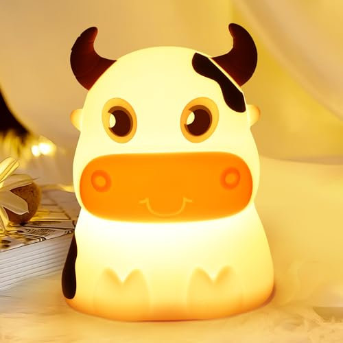 Justup Silikon Nachtlicht, 7 Farben Niedliche Kuh Nacht Licht mit Touch Schalter 3 Stufige Helligkeitseinstellung, Wiederaufladbar, Nachtlampe Dekor Geschenk für Schlafzimmer (Kühe-USB)