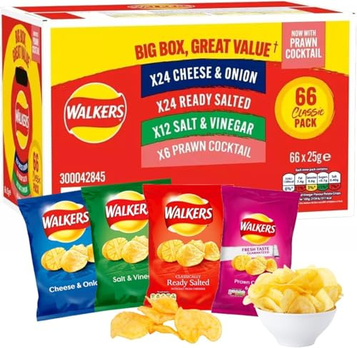 Kandy Collection Walkers Crisps Multipack 66 x 25g Assorted Flavours | 66 individual packets, classic potato crisps, portion control, bulk value box, vegetarian