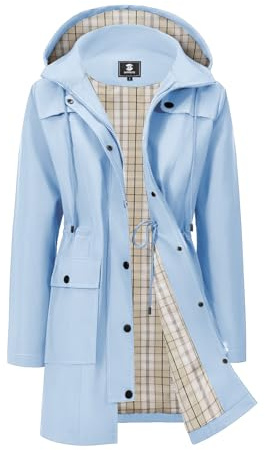 SaphiRose Damen Wasserdichte Regenjacke Lang Regenmantel Kapuze Windbreaker Trenchcoat, Hellblau/Karomuster, M