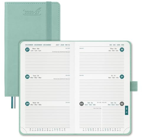 BEZEND Taschenkalender 2026 2027 Klein Wochenkalender A6 15,5 x 9 cm | 18 Monate Kalender (Jul 26 - Dez 27), 1 Woche 2 Seiten, PU-Leder Hardcover, 80 GSM Papier, Mintgrün